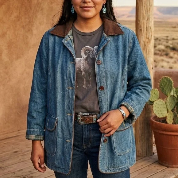 Northern Reflections Denim Barn Jacket Corduroy Brown Collar Southwestern Boho - Picture 1 of 4